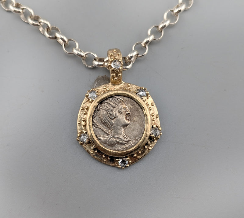 Ancient AR Denarius, Diana, The Huntress, 14kt Gold Pendant