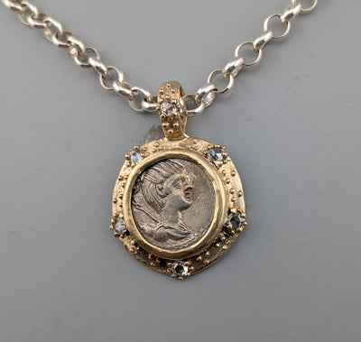 Ancient AR Denarius, Diana, The Huntress, 14kt Gold Pendant