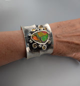 Extra Fine Ammolite, Sterling Silver Wide Cuff Bracelet with 14kt Gold, Citrines and Green Diamonds