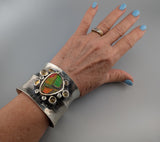 Extra Fine Ammolite, Sterling Silver Wide Cuff Bracelet with 14kt Gold, Citrines and Green Diamonds