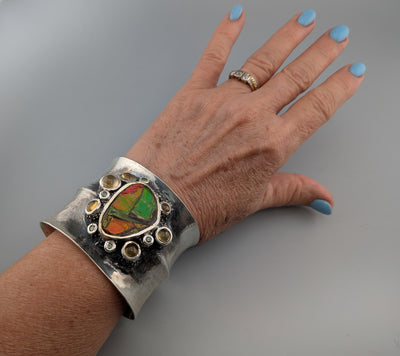 Extra Fine Ammolite, Sterling Silver Wide Cuff Bracelet with 14kt Gold, Citrines and Green Diamonds