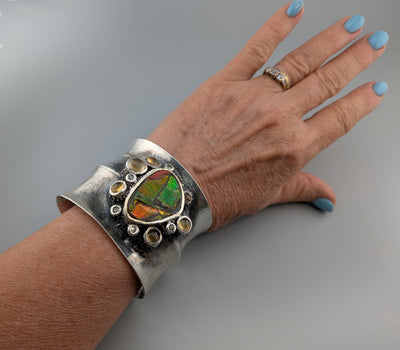 Extra Fine Ammolite, Sterling Silver Wide Cuff Bracelet with 14kt Gold, Citrines and Green Diamonds