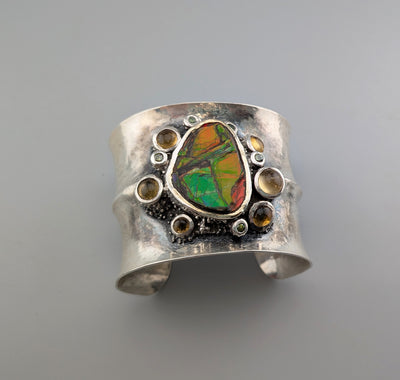 Extra Fine Ammolite, Sterling Silver Wide Cuff Bracelet with 14kt Gold, Citrines and Green Diamonds