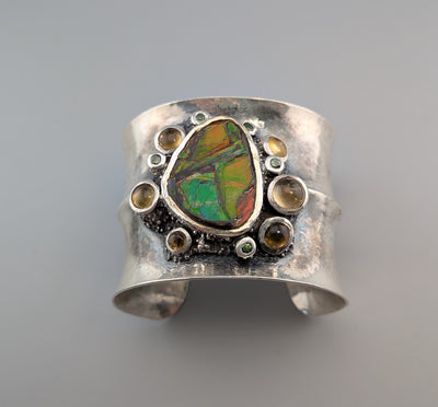 Extra Fine Ammolite, Sterling Silver Wide Cuff Bracelet with 14kt Gold, Citrines and Green Diamonds