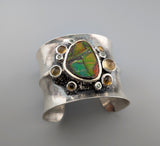 Extra Fine Ammolite, Sterling Silver Wide Cuff Bracelet with 14kt Gold, Citrines and Green Diamonds