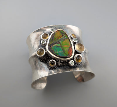 Extra Fine Ammolite, Sterling Silver Wide Cuff Bracelet with 14kt Gold, Citrines and Green Diamonds