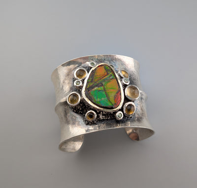 Extra Fine Ammolite, Sterling Silver Wide Cuff Bracelet with 14kt Gold, Citrines and Green Diamonds