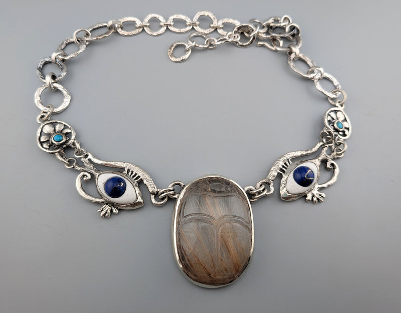 Carved Rutilated Quartz Scarab, Egyptian Necklace