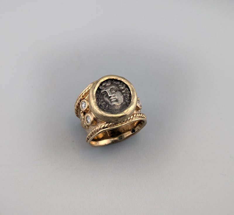 Ancient AR Hemidrachm, Larissa, in 14kt Gold Wide Band with Diamonds