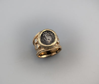 Ancient AR Hemidrachm, Larissa, in 14kt Gold Wide Band with Diamonds