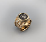 Ancient AR Hemidrachm, Larissa, in 14kt Gold Wide Band with Diamonds
