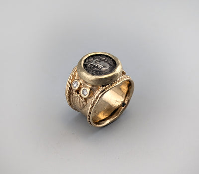 Ancient AR Hemidrachm, Larissa, in 14kt Gold Wide Band with Diamonds