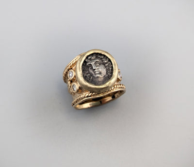 Ancient AR Hemidrachm, Larissa, in 14kt Gold Wide Band with Diamonds