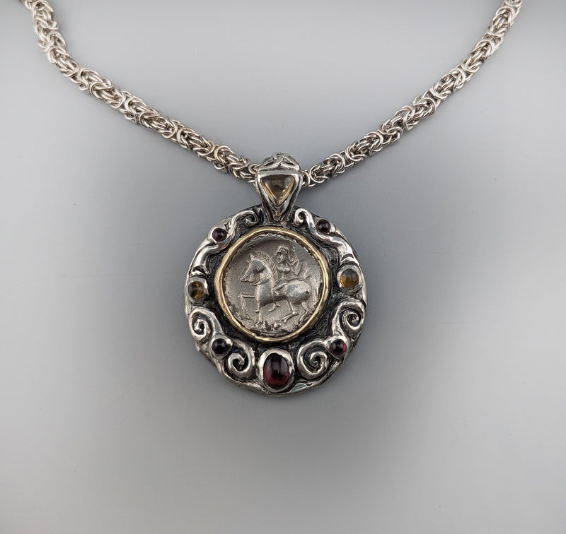 Ancient Danubian AR Tetradrachm, Sterling Silver and 14kt Gold Pendant