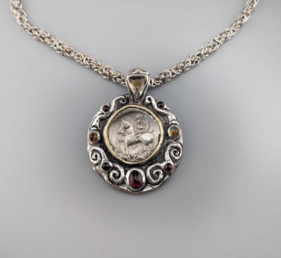 Ancient Danubian AR Tetradrachm, Sterling Silver and 14kt Gold Pendant