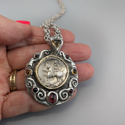 Ancient Danubian AR Tetradrachm, Sterling Silver and 14kt Gold Pendant