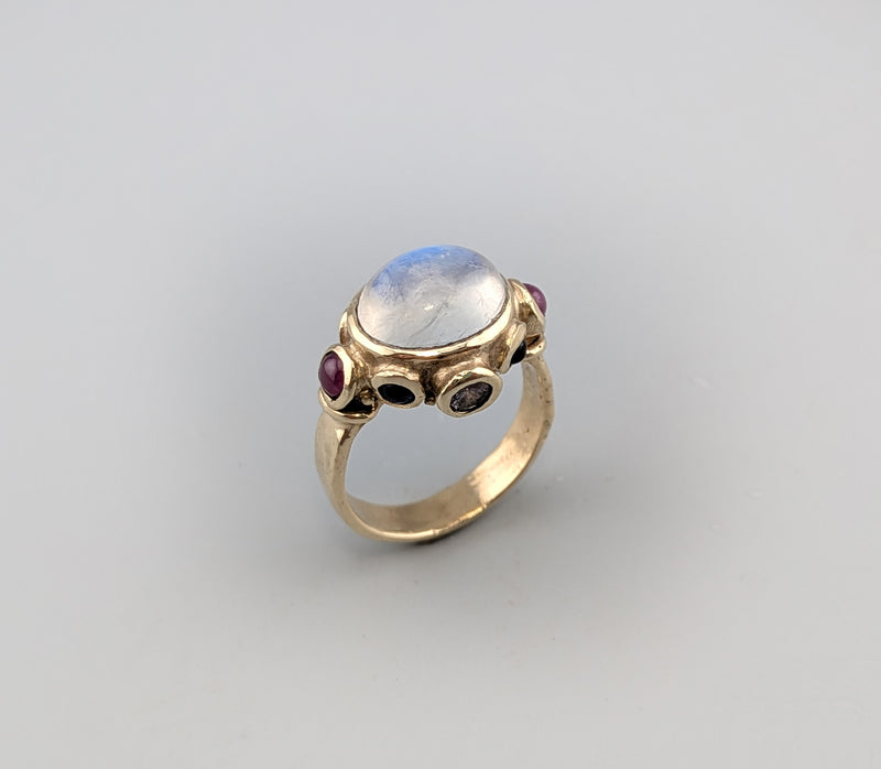 Rainbow Moonstone 14kt Gold Ring with Sapphires and Rubies