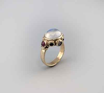 Rainbow Moonstone 14kt Gold Ring with Sapphires and Rubies