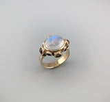 Rainbow Moonstone 14kt Gold Ring with Sapphires and Rubies