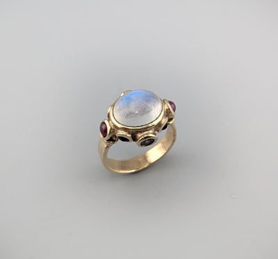 Rainbow Moonstone 14kt Gold Ring with Sapphires and Rubies