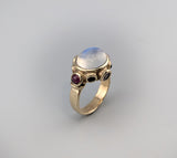 Rainbow Moonstone 14kt Gold Ring with Sapphires and Rubies