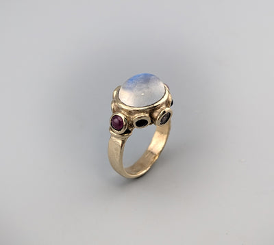 Rainbow Moonstone 14kt Gold Ring with Sapphires and Rubies