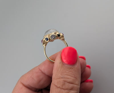Rainbow Moonstone 14kt Gold Ring with Sapphires and Rubies