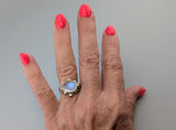 Rainbow Moonstone 14kt Gold Ring with Sapphires and Rubies