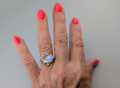 Rainbow Moonstone 14kt Gold Ring with Sapphires and Rubies