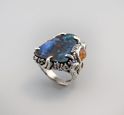 Yowah Boulder Opal Sterling Silver Ring with Spessartite Garnets