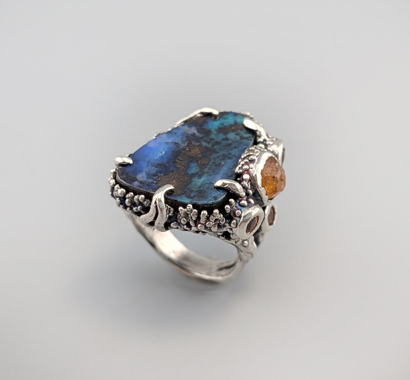 Yowah Boulder Opal Sterling Silver Ring with Spessartite Garnets