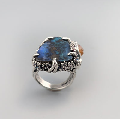 Yowah Boulder Opal Sterling Silver Ring with Spessartite Garnets