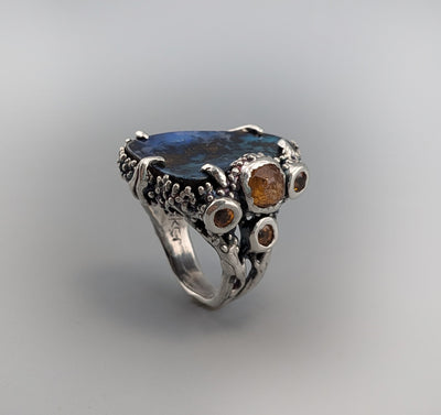 Yowah Boulder Opal Sterling Silver Ring with Spessartite Garnets