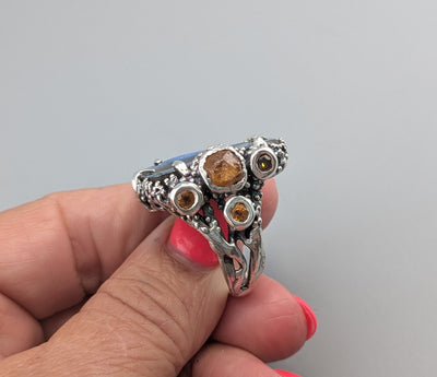 Yowah Boulder Opal Sterling Silver Ring with Spessartite Garnets