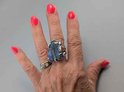 Yowah Boulder Opal Sterling Silver Ring with Spessartite Garnets