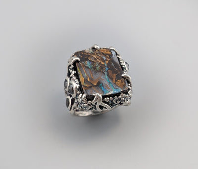Yowah Boulder Opal Sterling Silver Ring with Rose Cut Black Diamonds