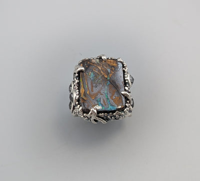Yowah Boulder Opal Sterling Silver Ring with Rose Cut Black Diamonds