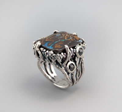 Yowah Boulder Opal Sterling Silver Ring with Rose Cut Black Diamonds