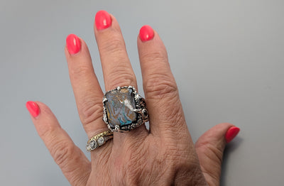 Yowah Boulder Opal Sterling Silver Ring with Rose Cut Black Diamonds