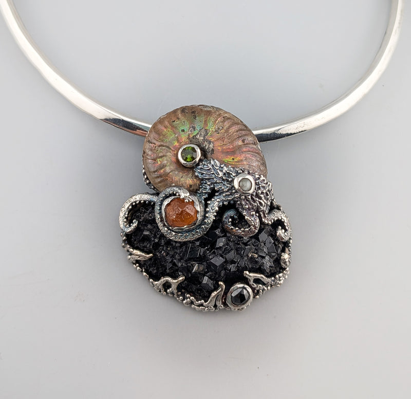 Andradite Garnet Crystal Cluster and Ammonite Fossil in Sterling Silver Jurassic Classic Pendant