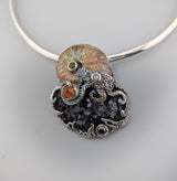 Andradite Garnet Crystal Cluster and Ammonite Fossil in Sterling Silver Jurassic Classic Pendant