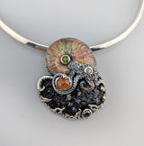 Andradite Garnet Crystal Cluster and Ammonite Fossil in Sterling Silver Jurassic Classic Pendant