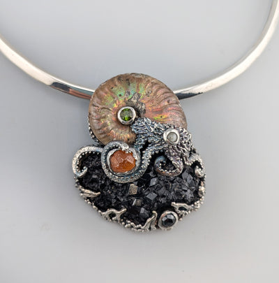 Andradite Garnet Crystal Cluster and Ammonite Fossil in Sterling Silver Jurassic Classic Pendant