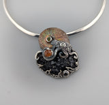 Andradite Garnet Crystal Cluster and Ammonite Fossil in Sterling Silver Jurassic Classic Pendant