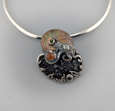 Andradite Garnet Crystal Cluster and Ammonite Fossil in Sterling Silver Jurassic Classic Pendant