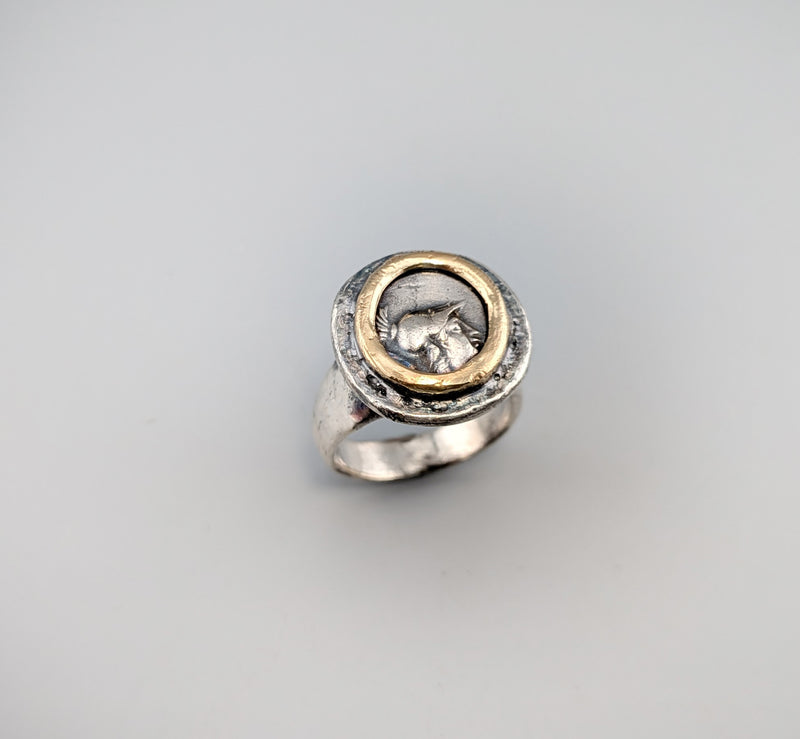 Athena AR Hemidrachm, Sterling Silver and 14kt Gold Ring