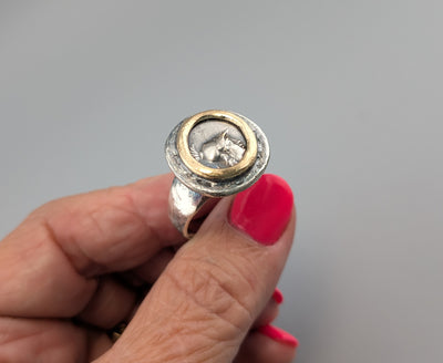Athena AR Hemidrachm, Sterling Silver and 14kt Gold Ring