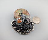 Andradite Garnet Crystal Cluster and Ammonite Fossil in Sterling Silver Jurassic Classic Pendant