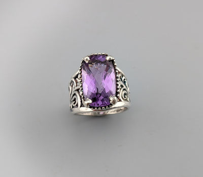 Checkerboard Cut Amethyst, Sterling Silver Lacy Ring