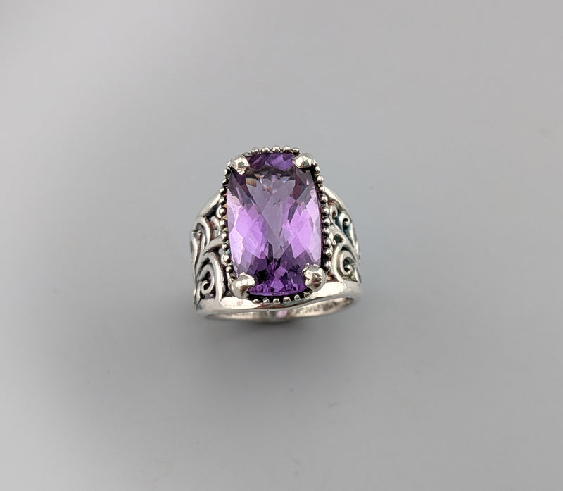 Checkerboard Cut Amethyst, Sterling Silver Lacy Ring